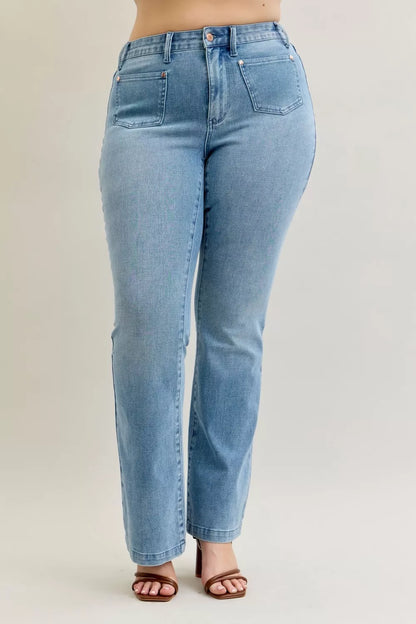 Mid Rise Bootcut Patch Pocket Jeans