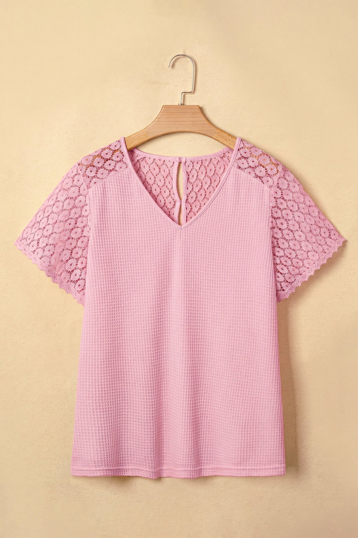 Waffle Knit Lace Cutout Blouse