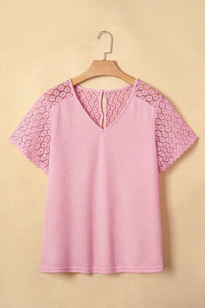 Waffle Knit Lace Cutout Blouse