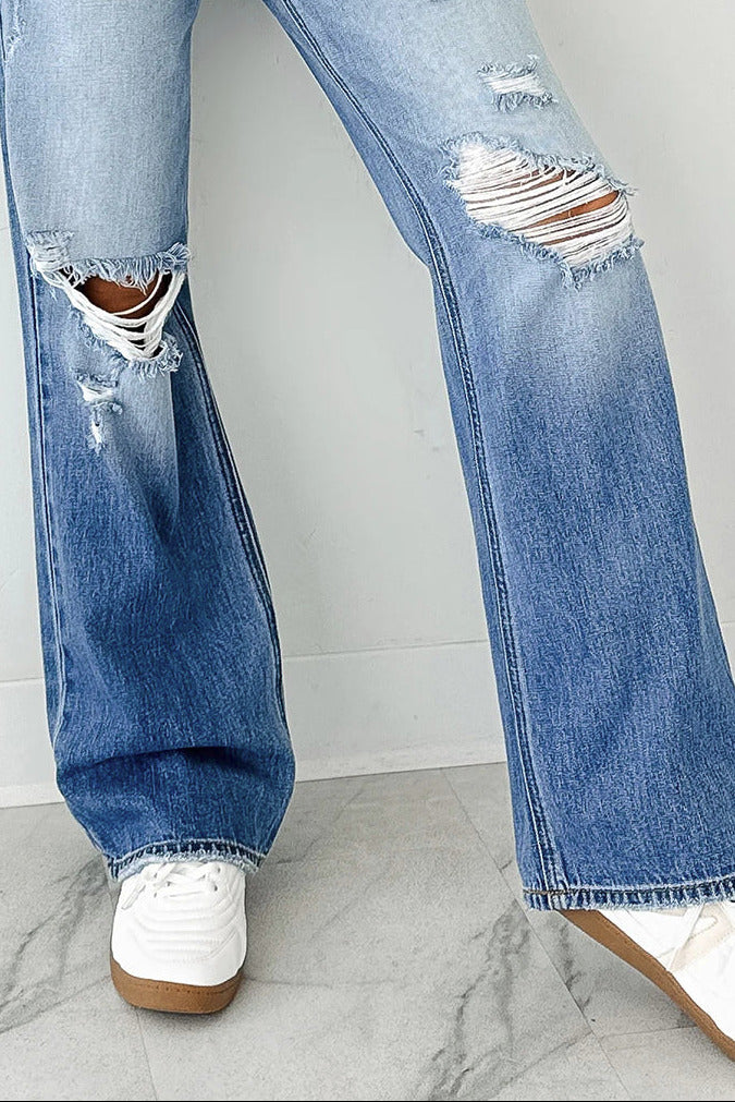 Distressed & Faded Straight Leg Jeans Myostis