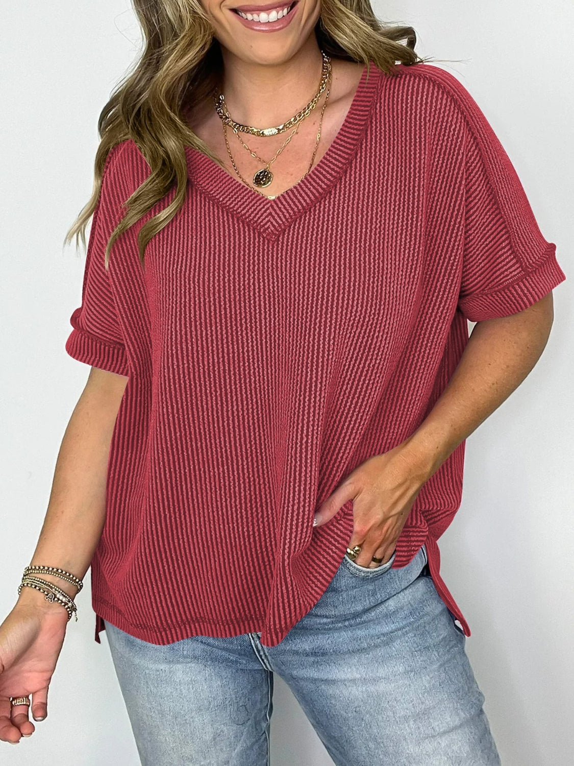 Cord Ribbed V-Neck Top