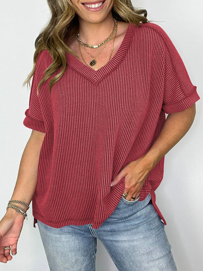 Cord Ribbed V-Neck Top