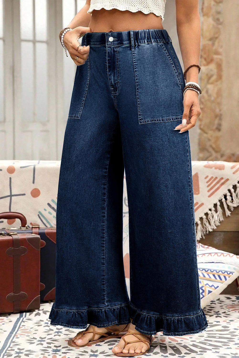 Plus Contemporary Ruffled Wide Leg Denim Pants