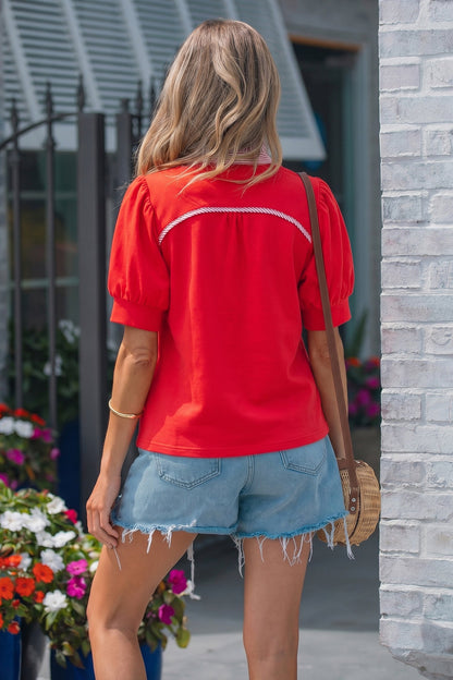Collar Puff Sleeve Blouse Red