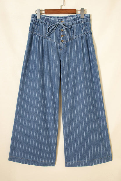 Blue & Stripe Pleated Waist Casual Wide Leg Denim Pants