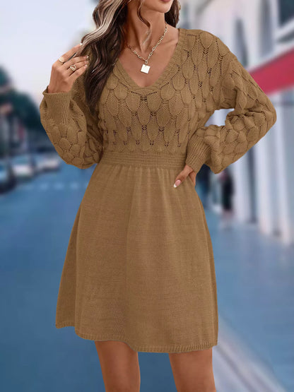 V-Neck Open Work Long Sleeve Sweater Dress