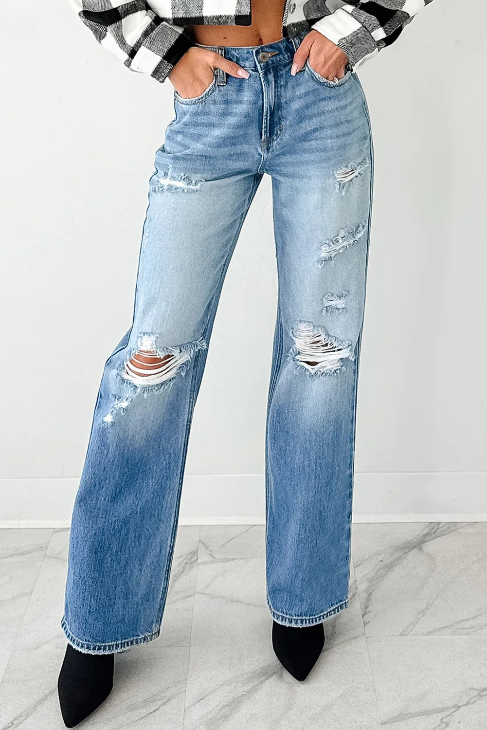 Distressed & Faded Straight Leg Jeans Myostis