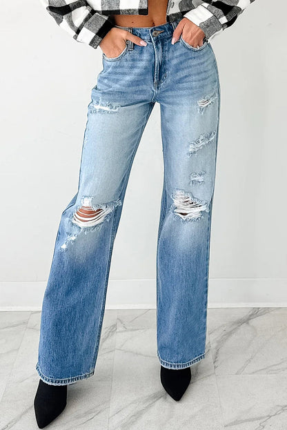 Distressed & Faded Straight Leg Jeans Myostis