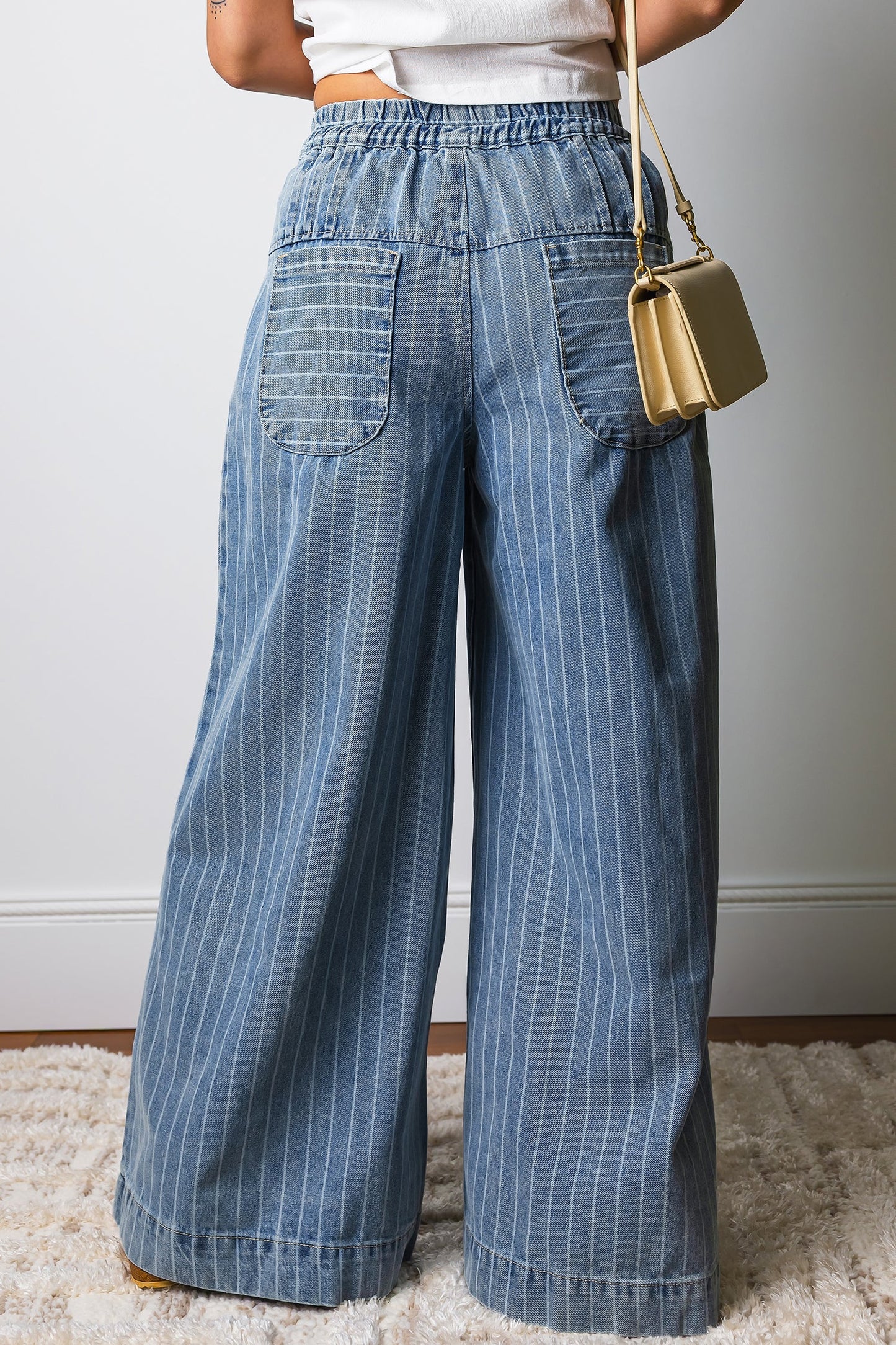 Blue & Stripe Pleated Waist Casual Wide Leg Denim Pants