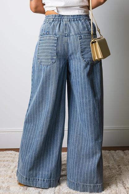 Blue & Stripe Pleated Waist Casual Wide Leg Denim Pants