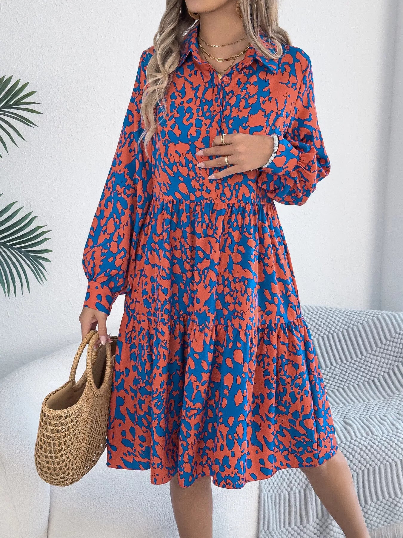 Collared Neck Long Sleeve Print Dress