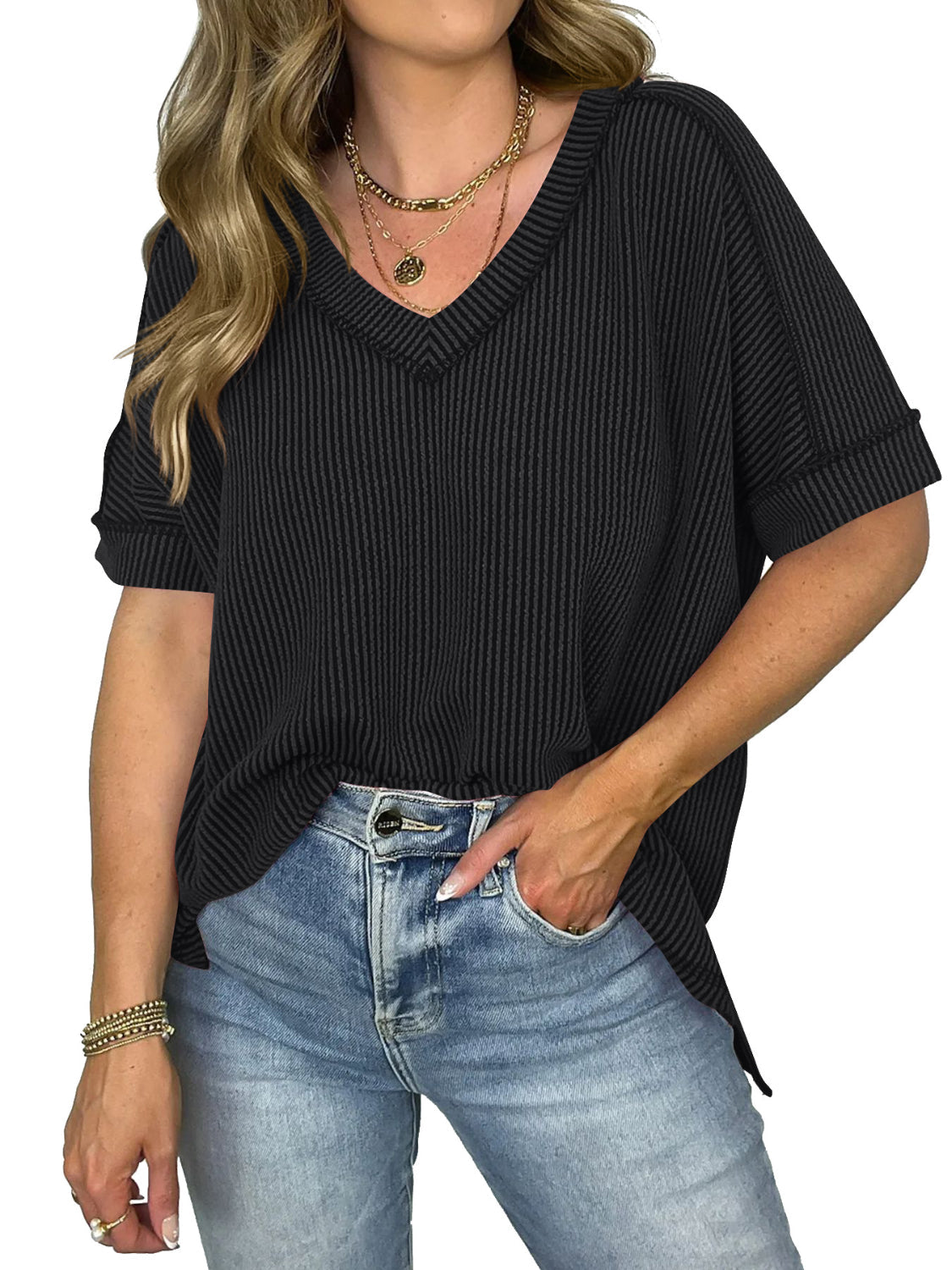 Cord Ribbed V-Neck Top