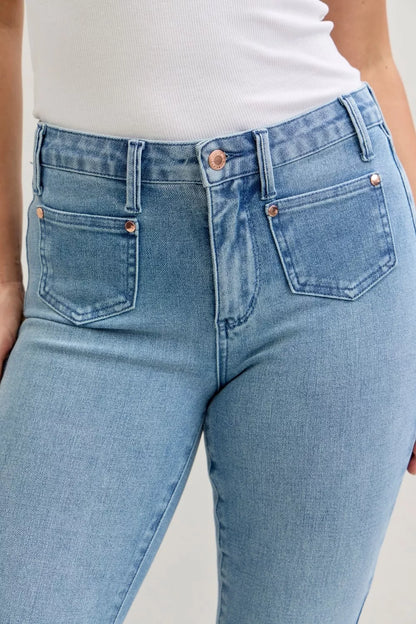 Mid Rise Bootcut Patch Pocket Jeans