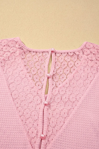 Waffle Knit Lace Cutout Blouse