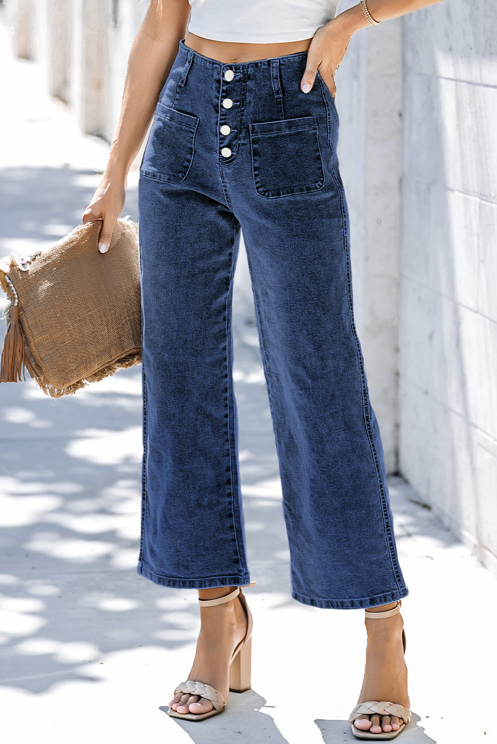 Button Wide Leg Cropped Jeans
