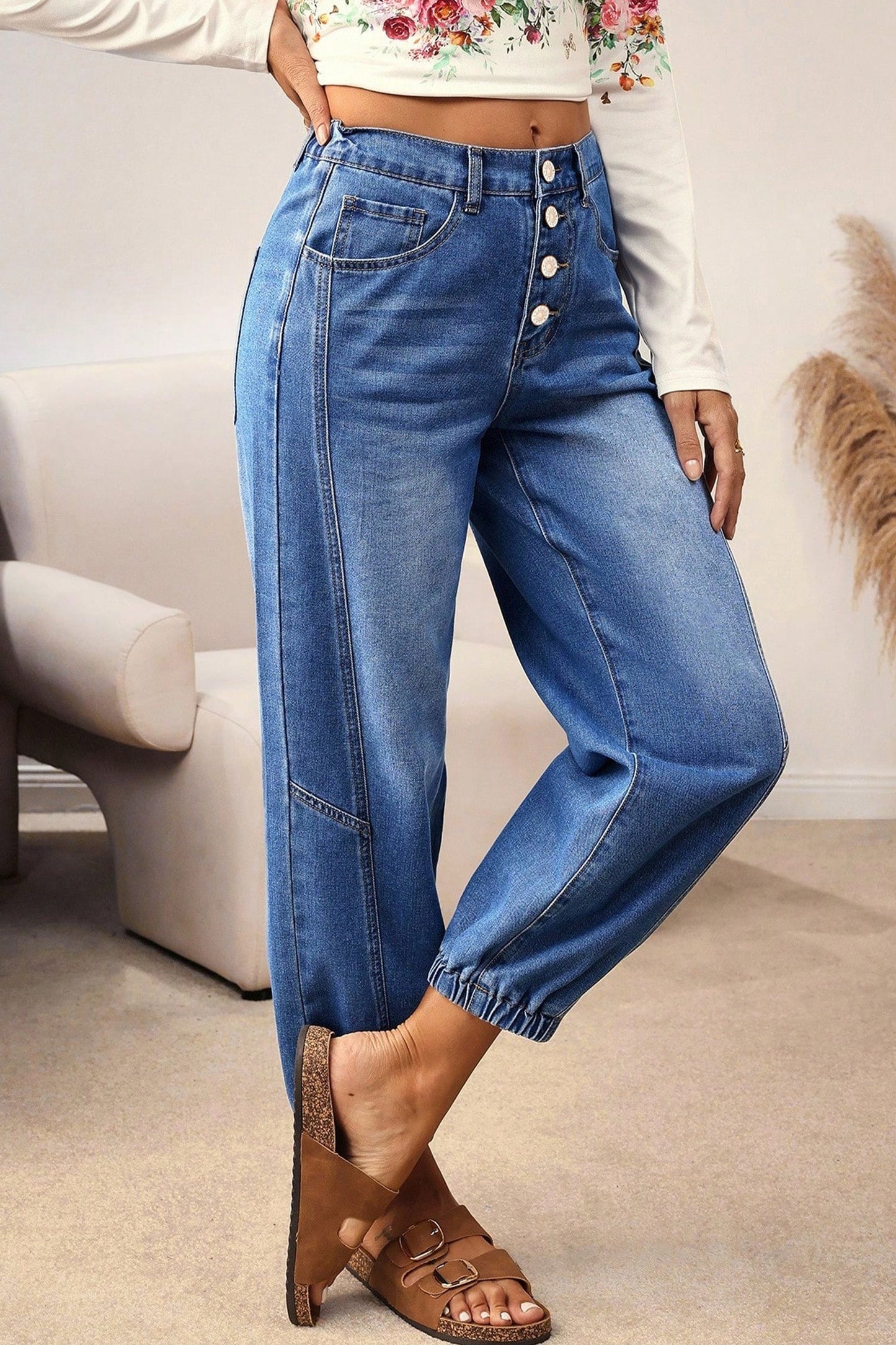 Button Fly Tapered Loose Jeans