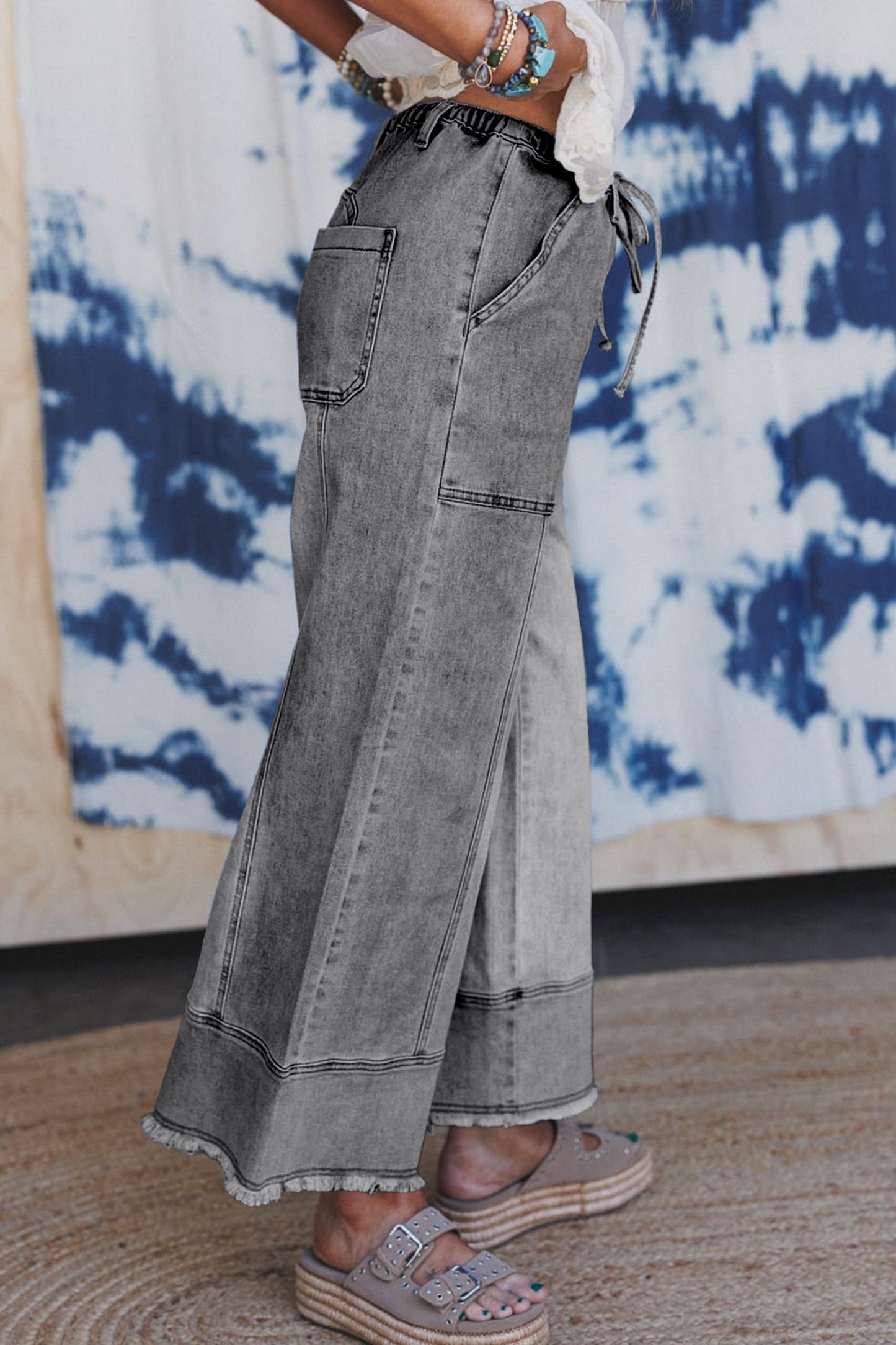 Fray Hem Wide Leg Denim Pants
