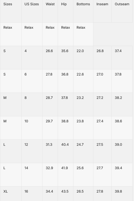 size chart