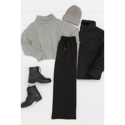 Black Wide Leg Pocket Fleece Lined Pants