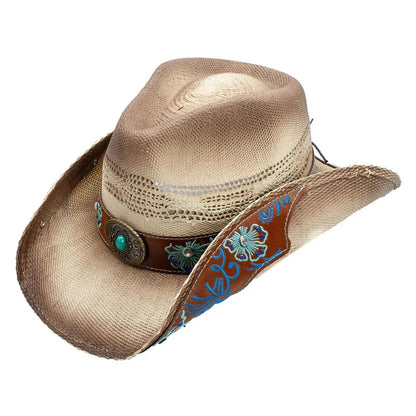 Tea Stained Embelished Straw Cowgirl Hat