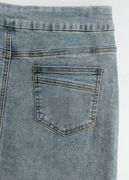 Classic Wash Stretch Waist Midi Denim Skirt